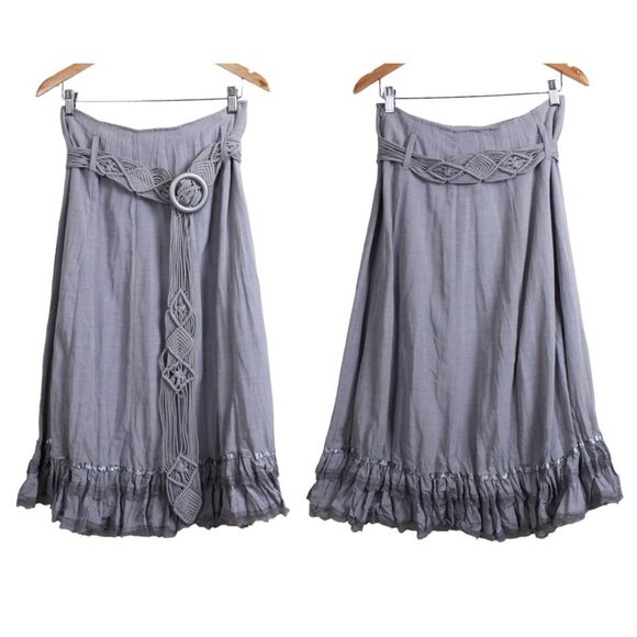 Linea Domani Lilac Grey Macramé Belted Crinkle Midi Skirt - Picture 2 of 16